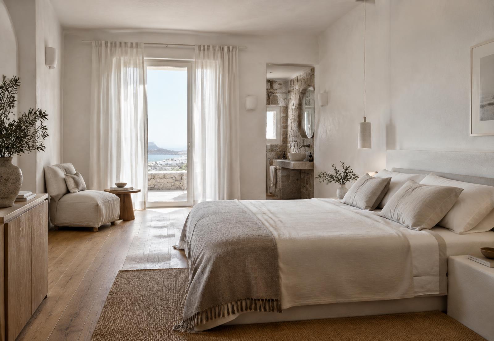 Boutique hotel suite interior with stone, timber and linen details