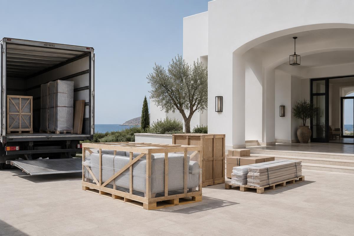 Crated furniture and materials delivered at a hotel entrance