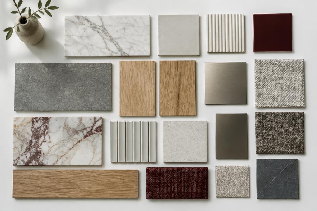 Architectural material samples: stone, wood, metal and fabrics
