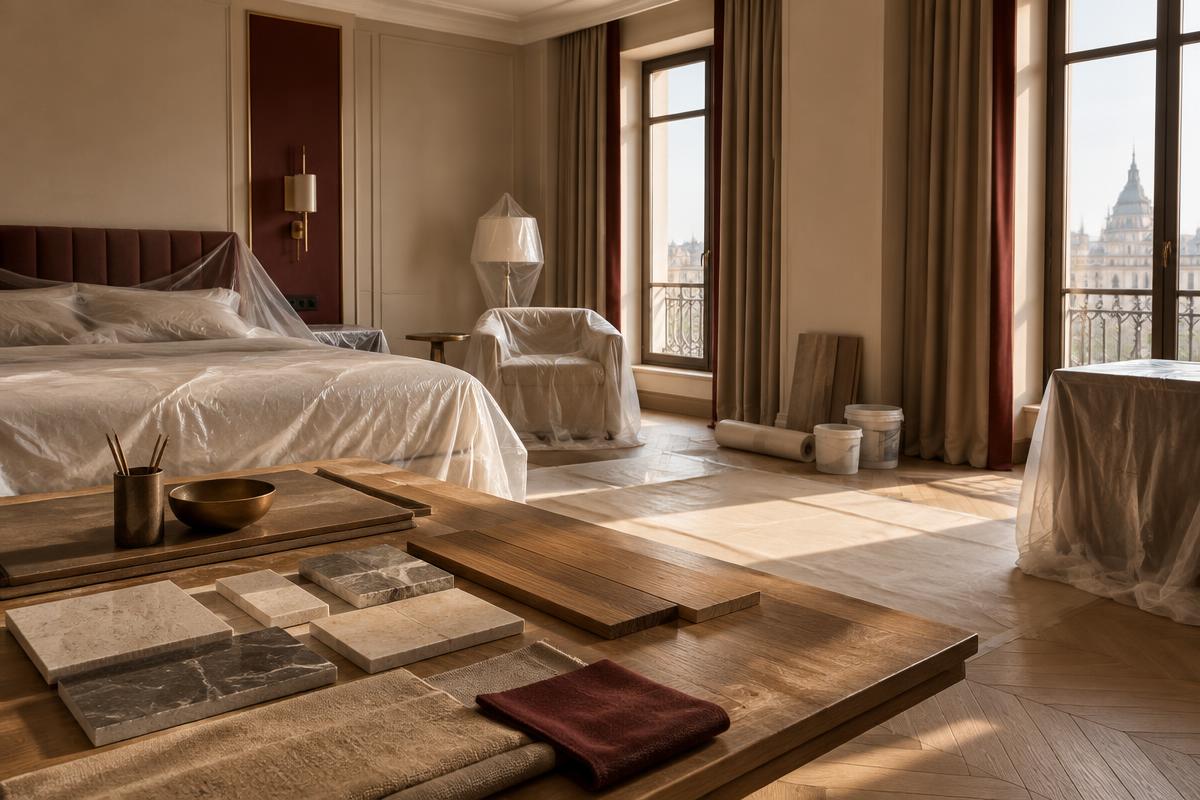 Hotel room mid-renovation with material samples on the table